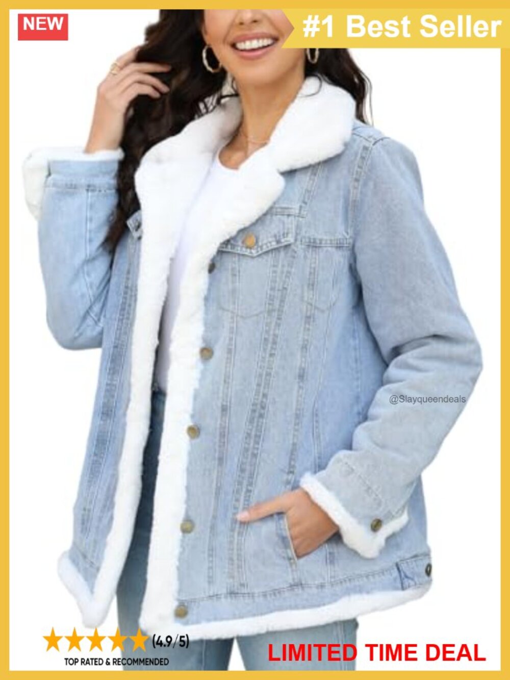 Faux Fur Lined Denim Jacket Furry Trim Button Wash